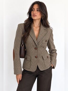 Piu & Piu Made In Italy Checked Tailored Blazer Jacket in Brown Virgin Wool Blen